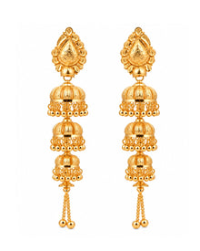 Premium Gold Finish Triple-Layer Jhumka Earrings with Chain Tassels