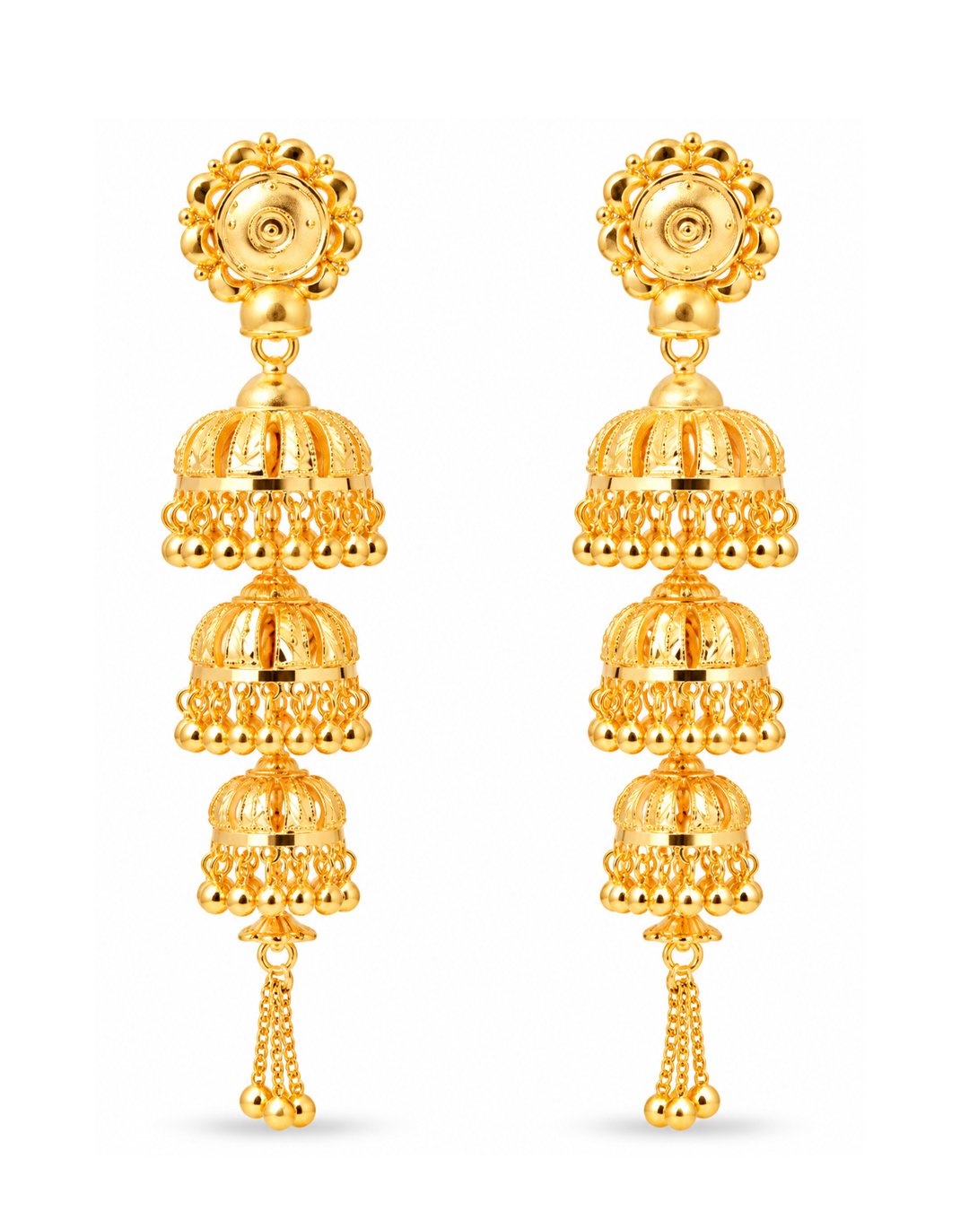 Premium Gold Finish Triple-Layer Dome Jhumka Earrings