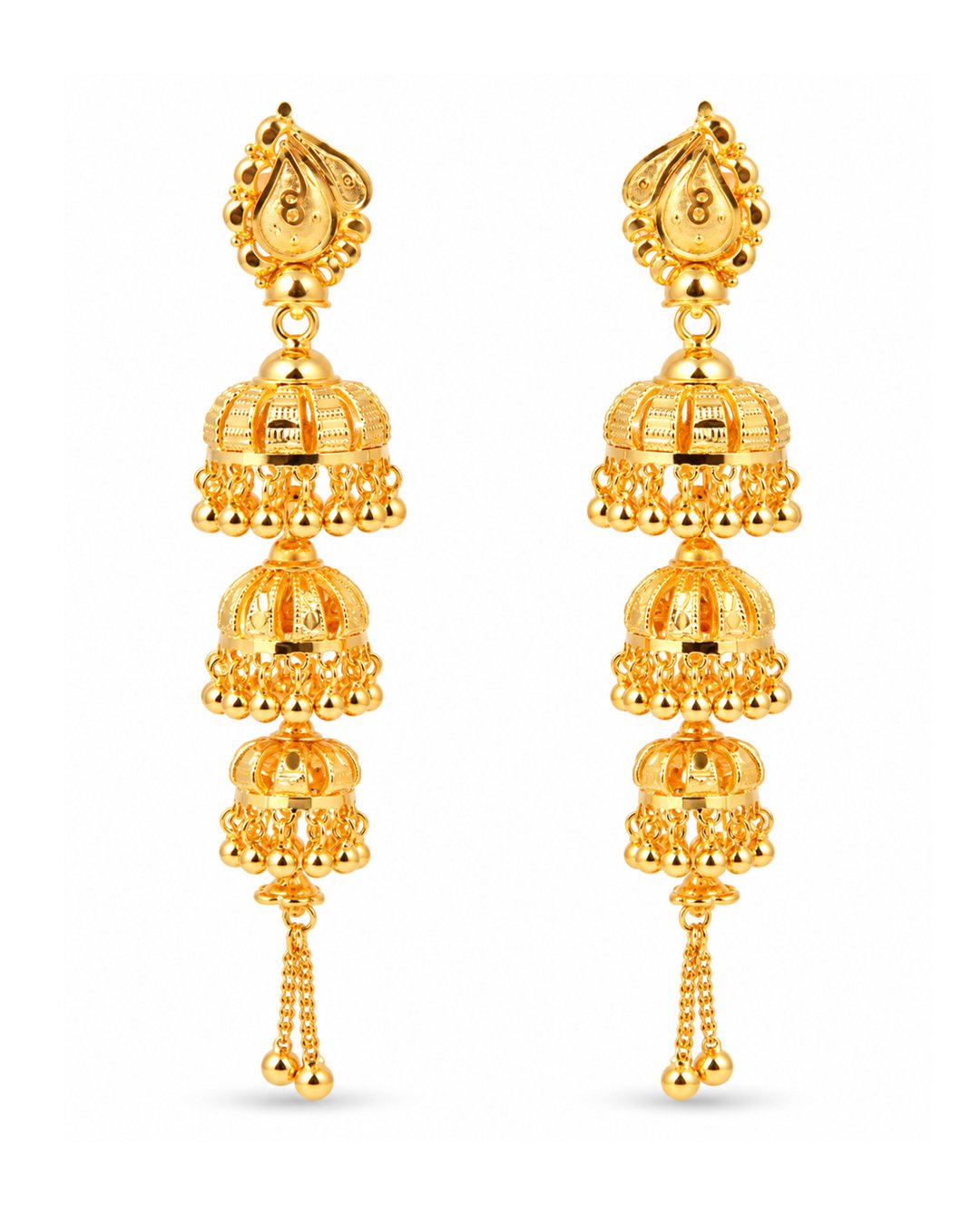Premium Gold Finish Triple-Layer Jhumka Earrings with Chain Tassels