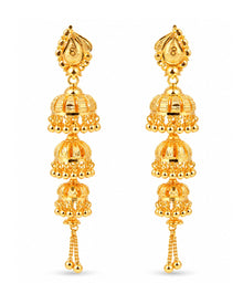 Premium Gold Finish Triple-Layer Jhumka Earrings with Chain Tassels