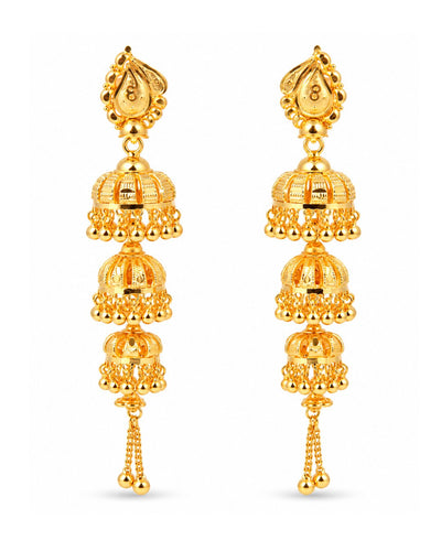 Premium Gold Finish Triple-Layer Jhumka Earrings with Chain Tassels