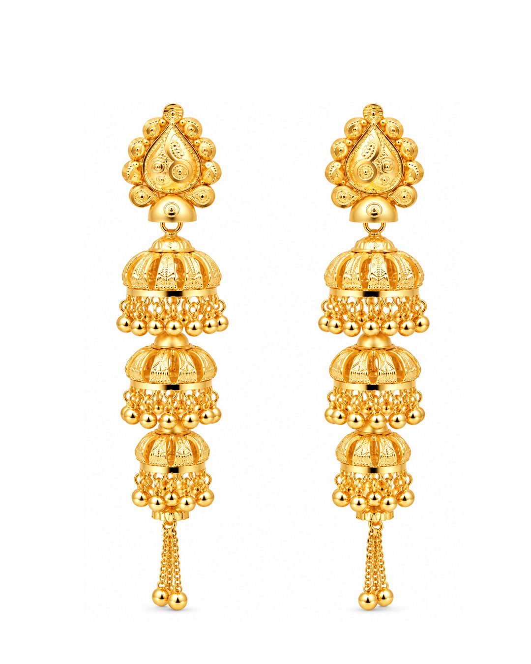 Premium Gold Finish Triple-Layer Jhumka Earrings with Chain Tassels