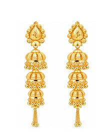Premium Gold Finish Triple-Layer Jhumka Earrings with Chain Tassels