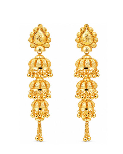 Premium Gold Finish Triple-Layer Jhumka Earrings with Chain Tassels