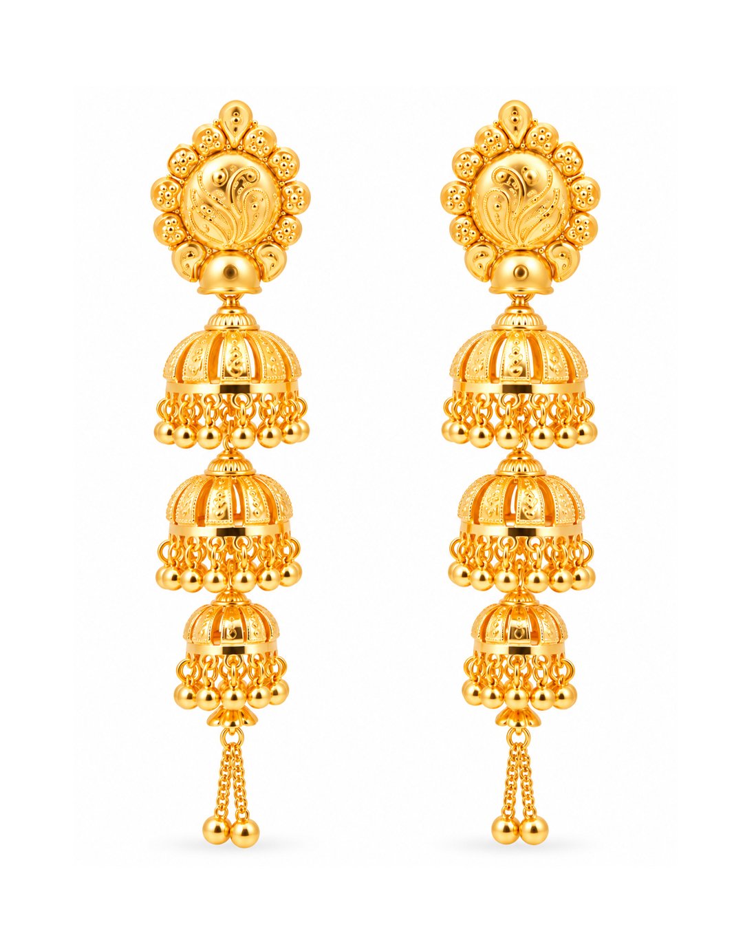 Premium Gold Finish Triple-Layer Floral Jhumka Earrings