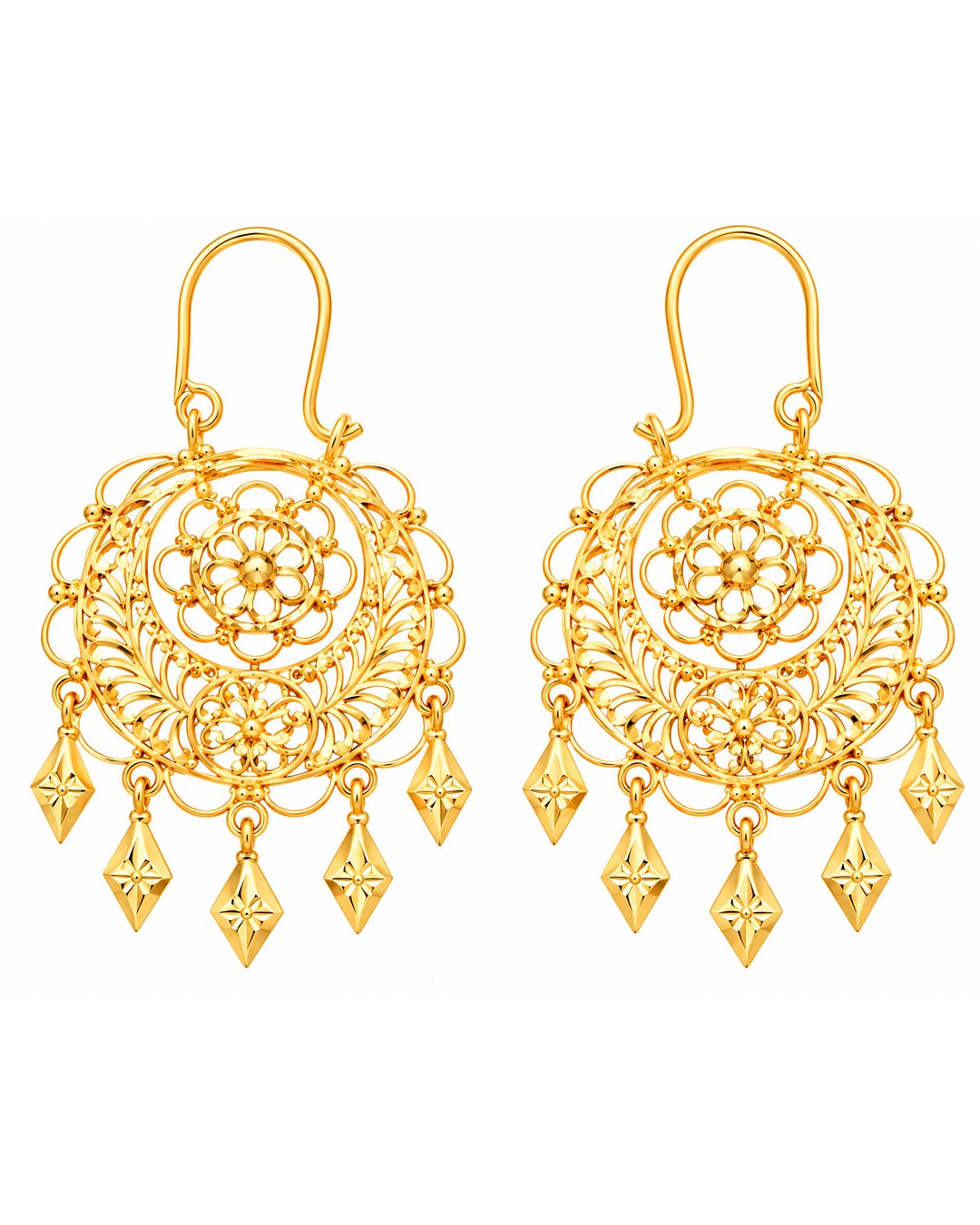 Gold Finish Floral Filigree Drop Earrings